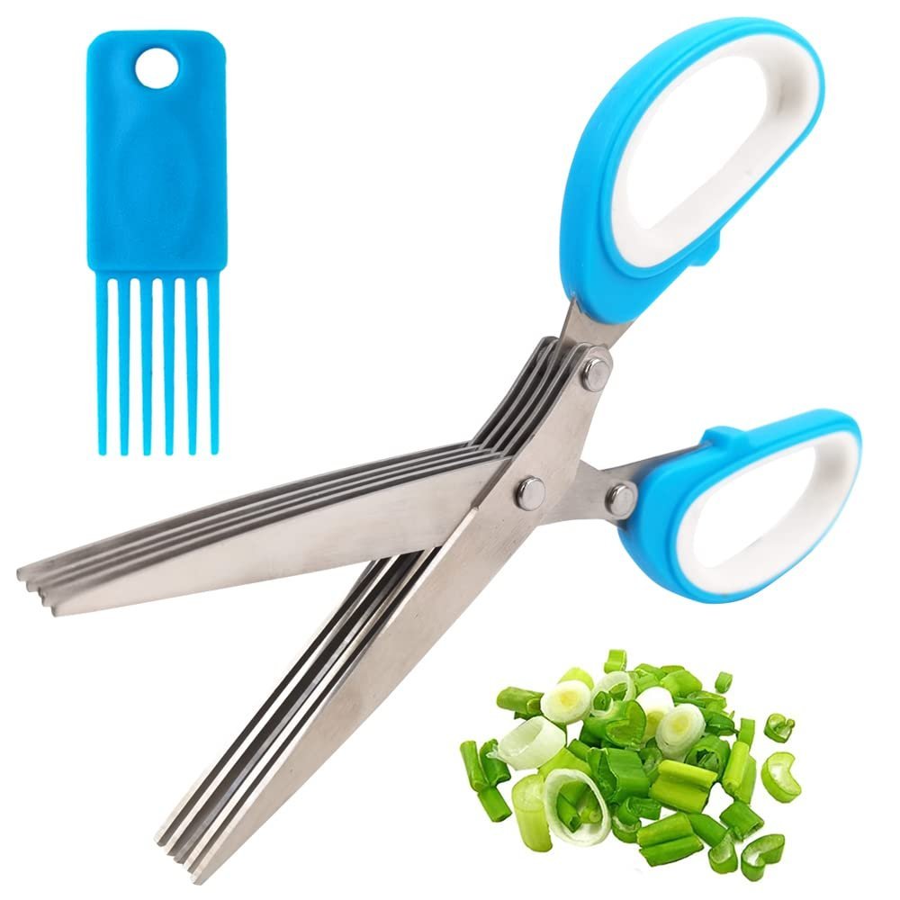 Herb Scissors,Multipurpose 5 Blade Kitchen Cutting Shears Stainless Steel Herb Shears with Cleaning Comb,for Chopping Basil Chive Parsley (Blue)