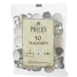 Prices Patent Candles White Tealights Bag, Pack of 50, Wax, l x 3.8cm w x 1.8cm h, Unscented