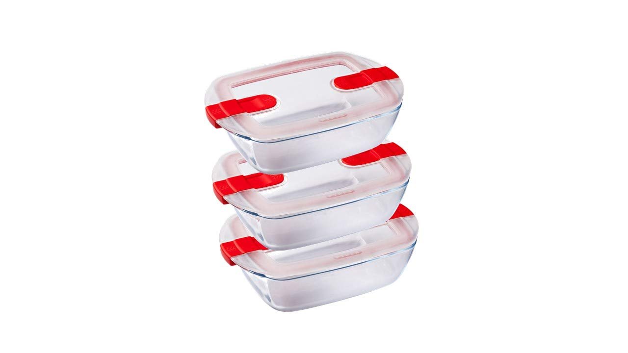Pyrex Cook & Heat Set of 3 Identical Rectangular Boxes 1.1 L Borosilicate Glass Lunchbox with Special Microwave Hermetic Lid Made in France