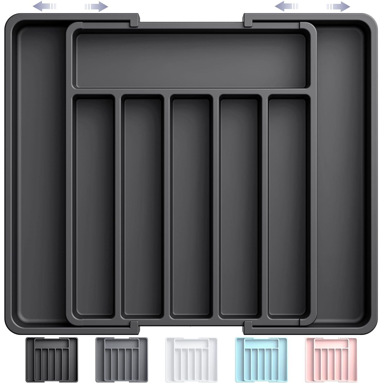 Aujen Cutlery Drawer Organiser - Expandable Kitchen Drawer Storage Organiser, Adjustable Cutlery Tray, Multipurpose Utensil Organisation for Forks, Knives, Black, 34 x 4 x 26~50 cm