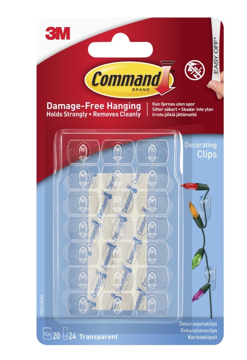 Command Clips for Hanging Christmas Decorations and Fairy Lights, Pack of 20 Transparent Mini Hooks and 24 Small Adhesive Strips - Damage Free Hanging