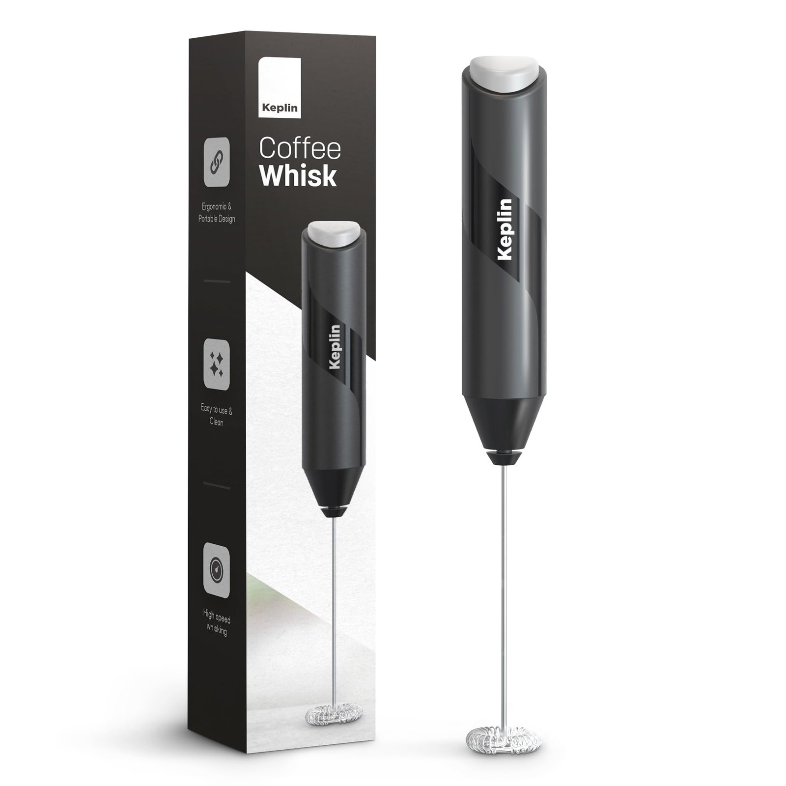 Keplin Handheld Milk Frother - Stainless Steel Electric Whisk - Portable Battery-Operated Coffee Frother for Lattes, Matcha, Protein Shakes - Ergonomic, Compact, Easy to Clean (Black)