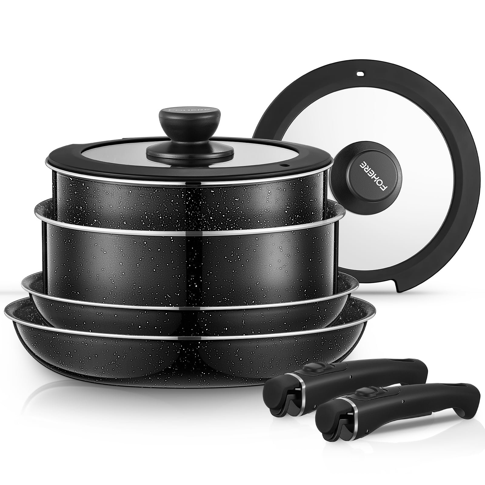 FOHERE Pots and Pans Set Nonstick, 8 Piece, with 2 Detachable Handles and 2 Lids, Induction Kitchen Cookware Set for All Stoves, Oven Safe, Saucepan and Frying Pan, RV Cookware, Aluminum