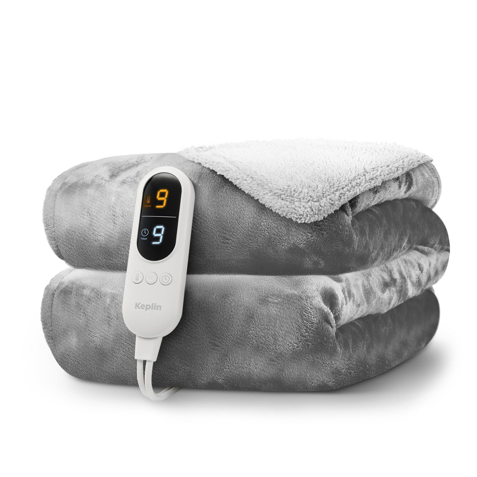 KEPLIN Large Electric Heated Throw Blanket - Electric Heated Blanket Throw for Bedspread 9 Heat Settings & Timer, Machine Washable Fleece Wool Duvet with 1 Year Warranty - Grey/Cream Sherpa