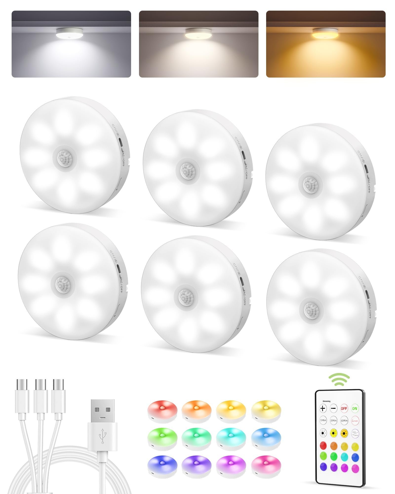 EZVALO 6-Pack Rechargeable Under Cabinet LED Puck Lights with 15 RGB Color Temps Motion Sensor, Remote Control for Kitchen, Shelves, Stairs, Lockers