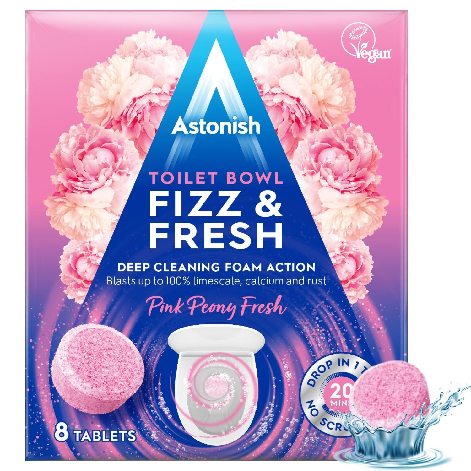 Astonish Toilet Cleaning Foam Action Tabs, Pink Peony Scent, 8 Tablets