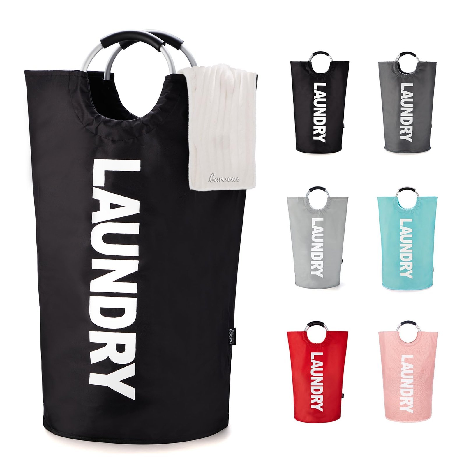 Caroeas 90L Collapsible Laundry Basket, Waterproof Laundry Bag (8 Colors) for Baby, Large Washing Basket with Padded Handles Stands Up Well for Easy Storage, Black