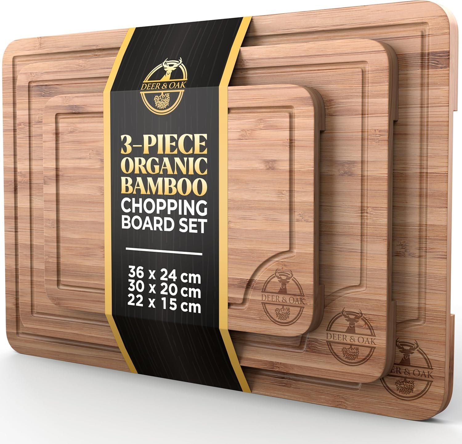 Deer & Oak 3-Piece Bamboo Chopping Board Set, Wooden Chopping Boards for Kitchen 36x24cm, 30x20cm, 22x15cm, with Side Handle and Grooves, Cutting Board