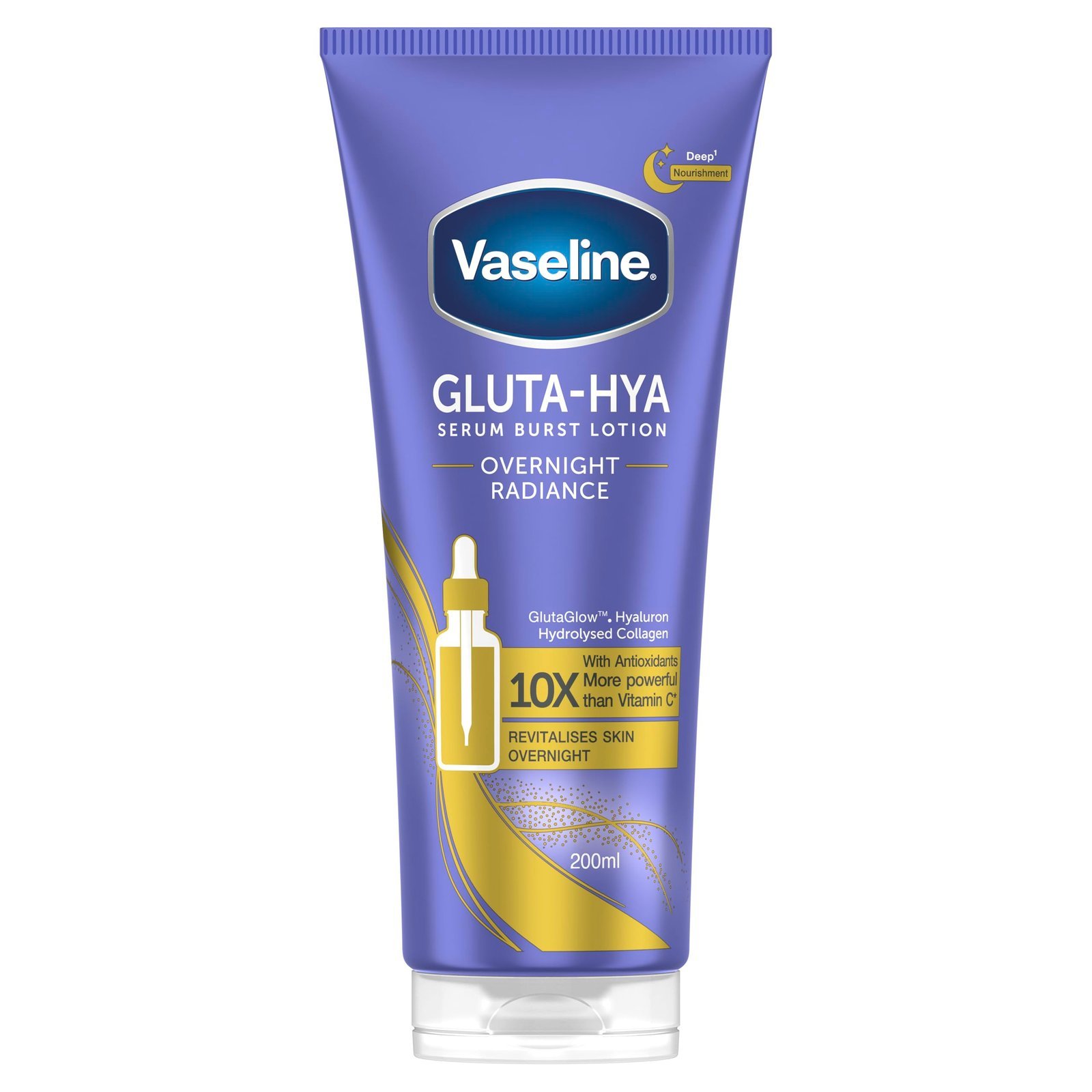 Vaseline Gluta-Hya Overnight Radiance Serum Burst Lotion Moisturiser – Body Lotion with GlutaGlow™, Hyaluron, Collagen & Antioxidants 10x Stronger Than Vitamin C*, For Plumper Skin in 5 Days 200ml