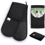 Black Double Oven Gloves Heat Resistant Silicone Oven Mitts Pair | Non-Slip Silicone Oven Gloves Double Oven Mitt | Machine Washable Thick Potholders Home & Kitchen Accessories.