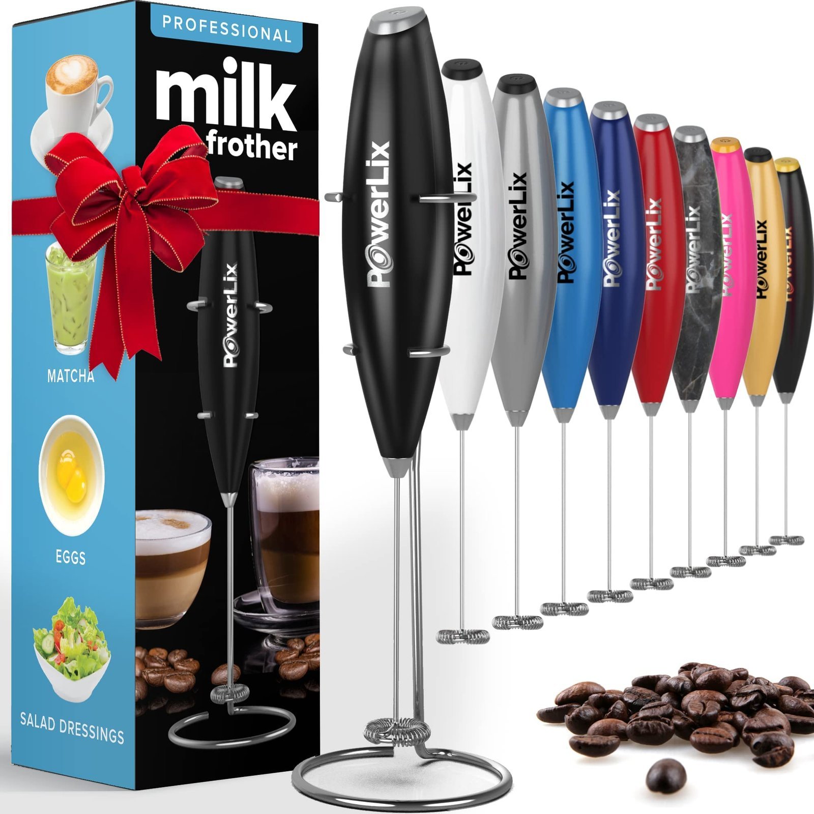 PowerLix Milk Frother Handheld Whisk - Electric Milk Frother Foamer with Stainless Steel Stand,15-20s, Powerful 19000rpm, Mini Drink Mixer Coffee Frother for Latte, Cappuccino, Hot Chocolate