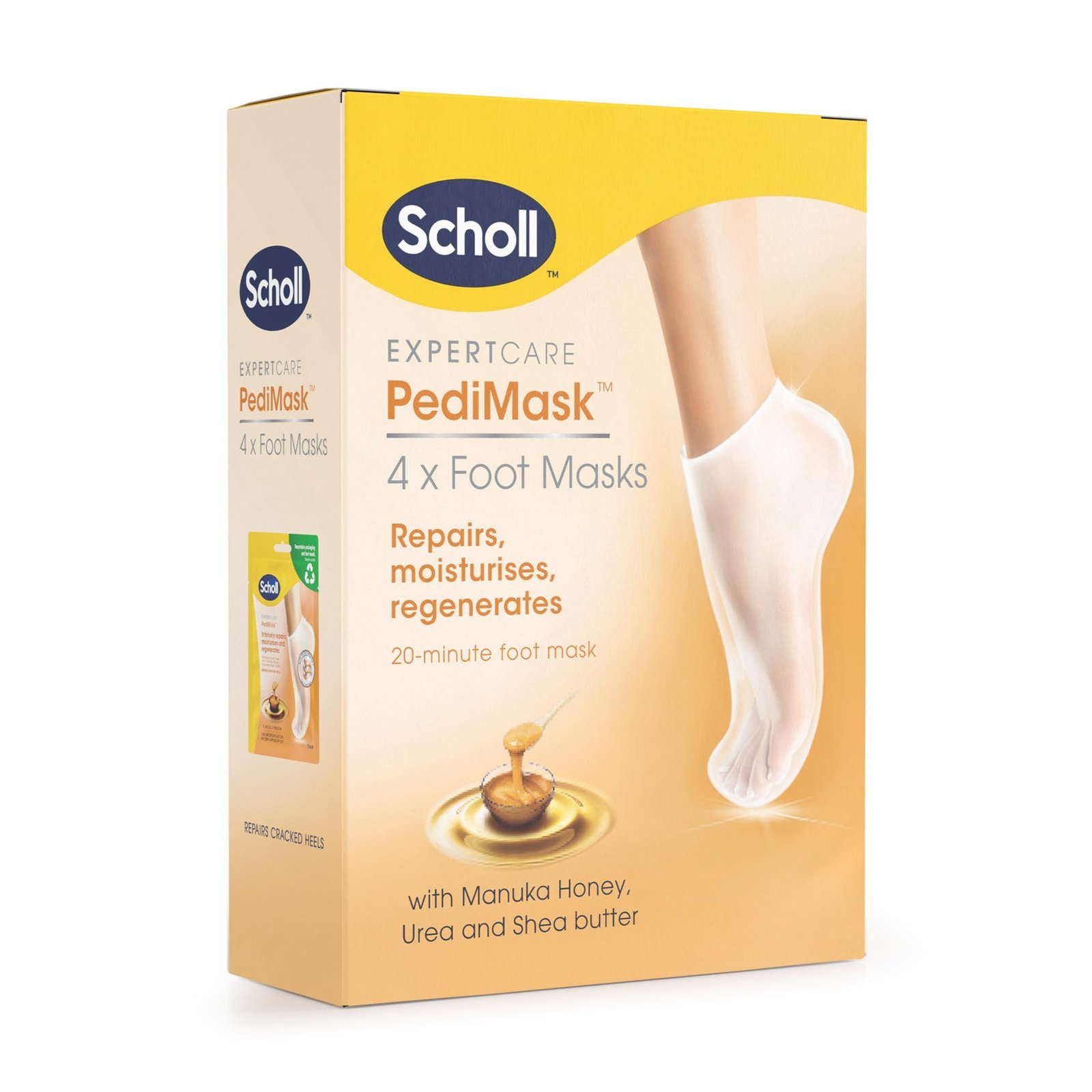Scholl ExpertCare PediMask Foot Mask Socks, 4-Pairs Multipack, Softer and Smoother Feet in 1 Application, Intensely Moisturising with Manuka Honey, Urea and Shea Butter, Dry Skin Moisturise and Repair
