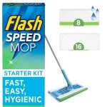 Flash Speedmop Floor Cleaner Starter Kit, Fast Easy and Hygienic (1 Handle, 8 Wet plus 16 Dry Refills), Trap and Lock Daily Dirt, Grease and Grime Without Getting Down On Your Knees
