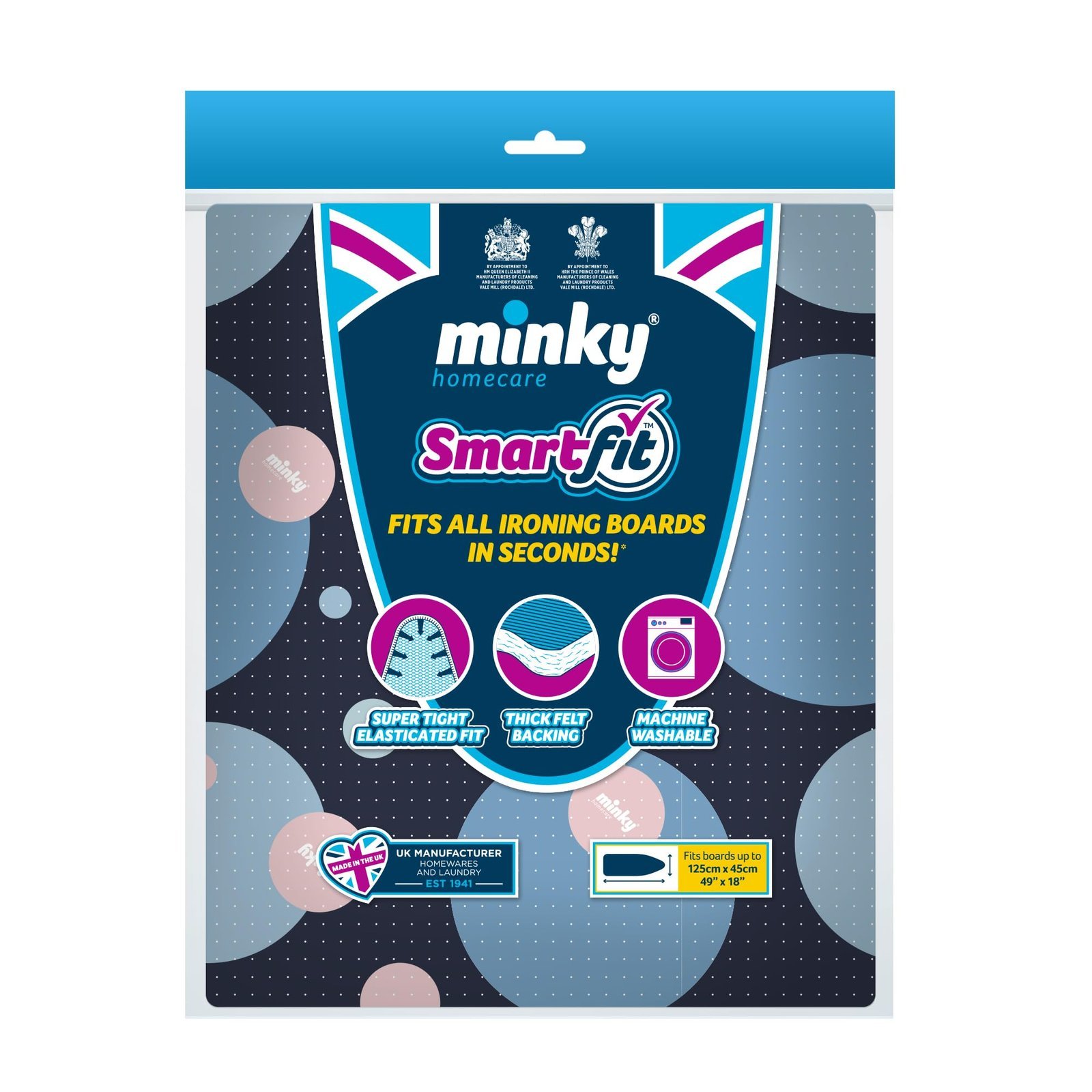 Minky Smart Fit Ironing Board Cover, Large Ironing Board Covers 125 x 45 cm, Elasticated & Thick Felt Backing, Washing Machine Safe, Made in the UK