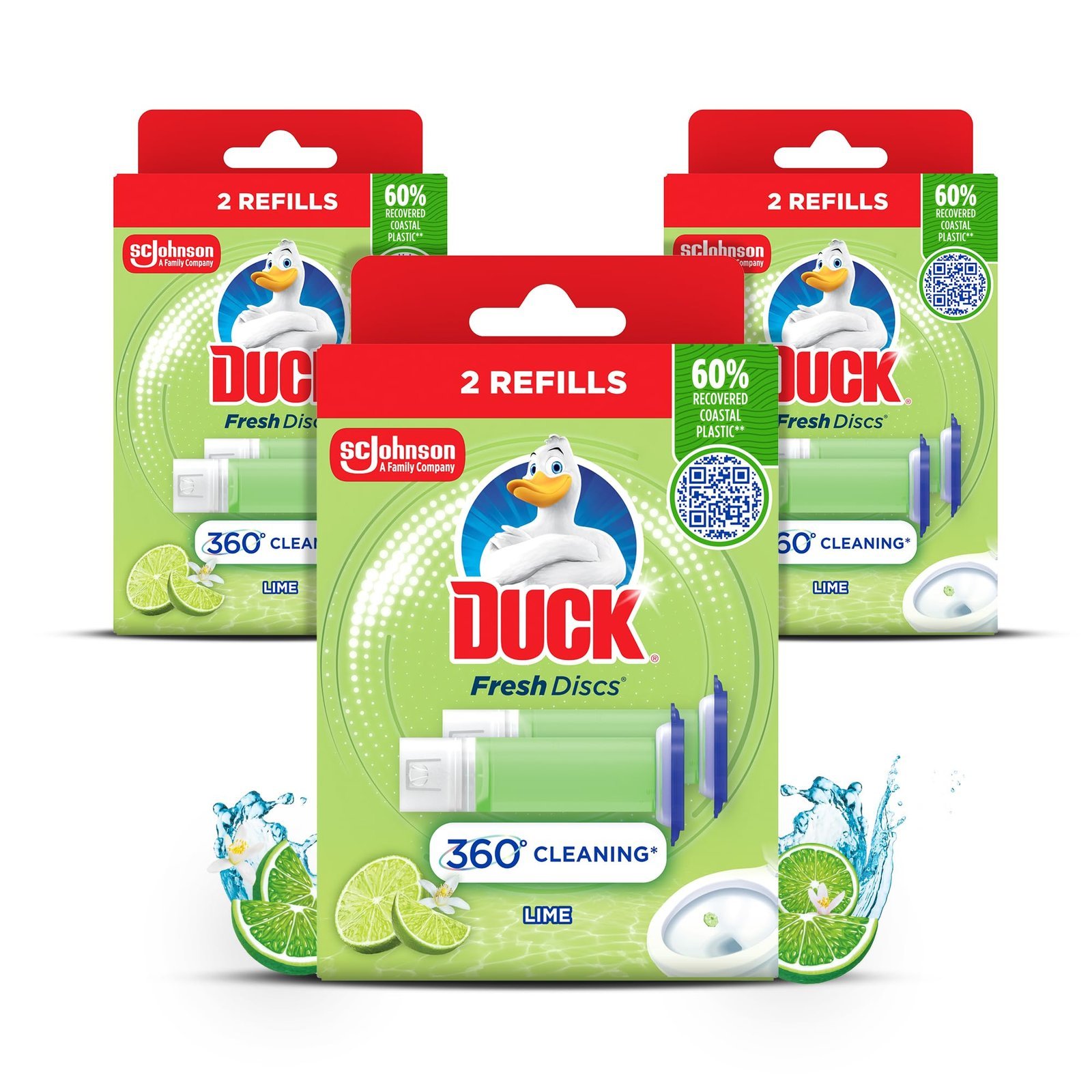 Duck Fresh Discs Toilet Cleaner Refill Twin Multi-Pack, Fights Stains That Harbour Germs, Prevents Limescale Build Up, Lime Fragrance, Pack of 3 (Total of 6 x Refill Tubes)
