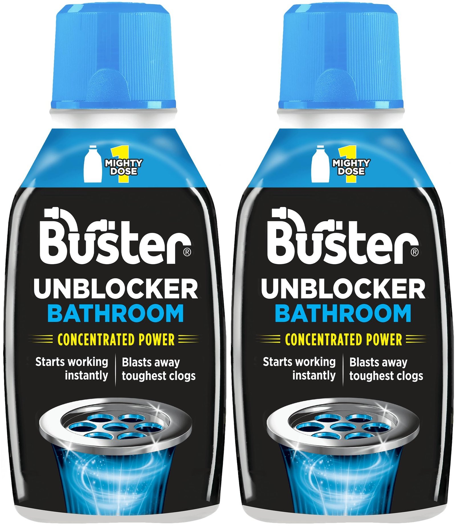 Buster Bathroom Drain Unblocker 300ml, Pack of 2 – Sink Unblocker Removes Hair & Sludge in Showers, Baths & Sinks. Fast-Acting Shower Drain Unblocker Clears Blockages & Slow-Draining Water