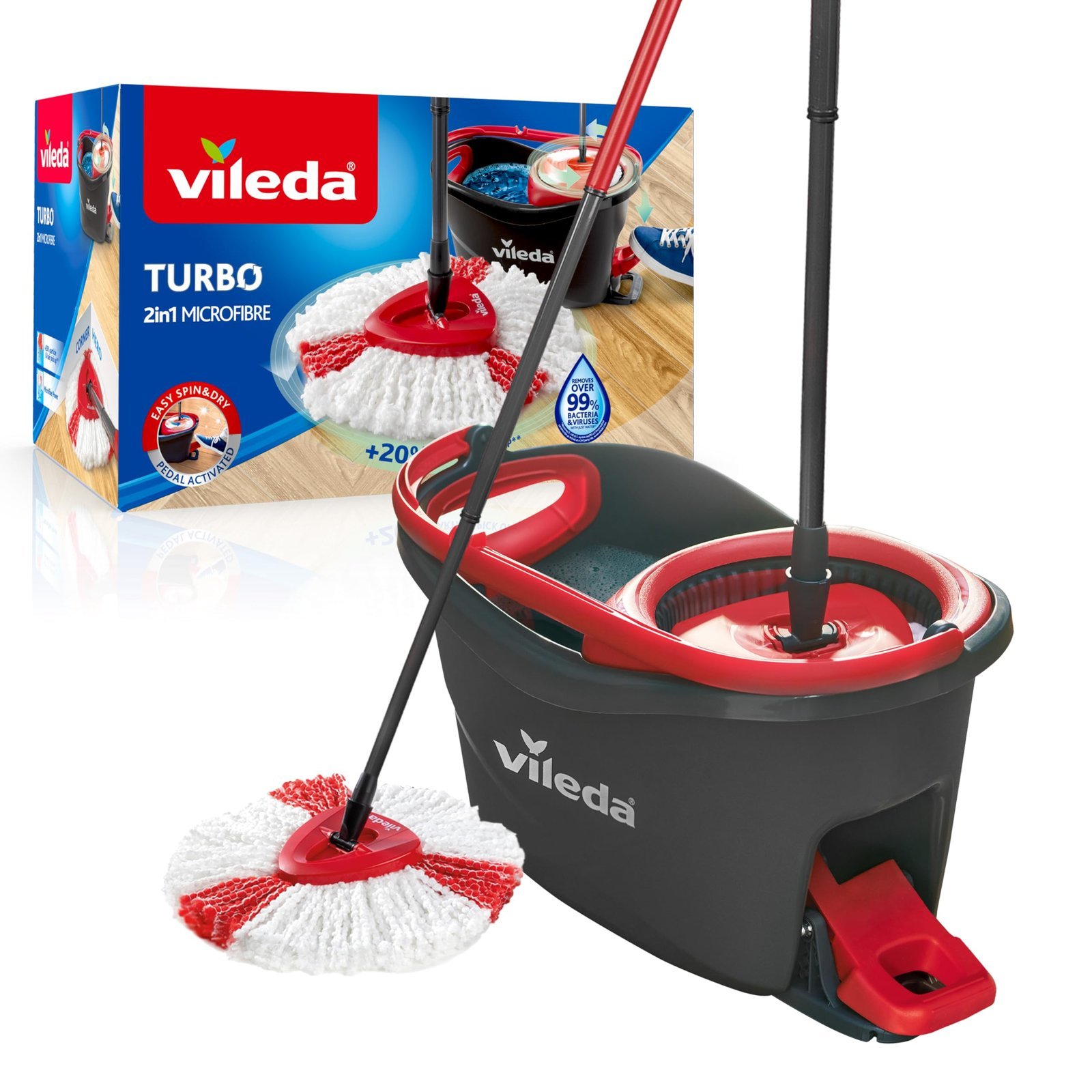 Vileda Turbo 2-in-1 Microfibre Mop and Bucket Set, Spin Mop for Cleaning Floors, Set of 1x Mop and 1x Bucket