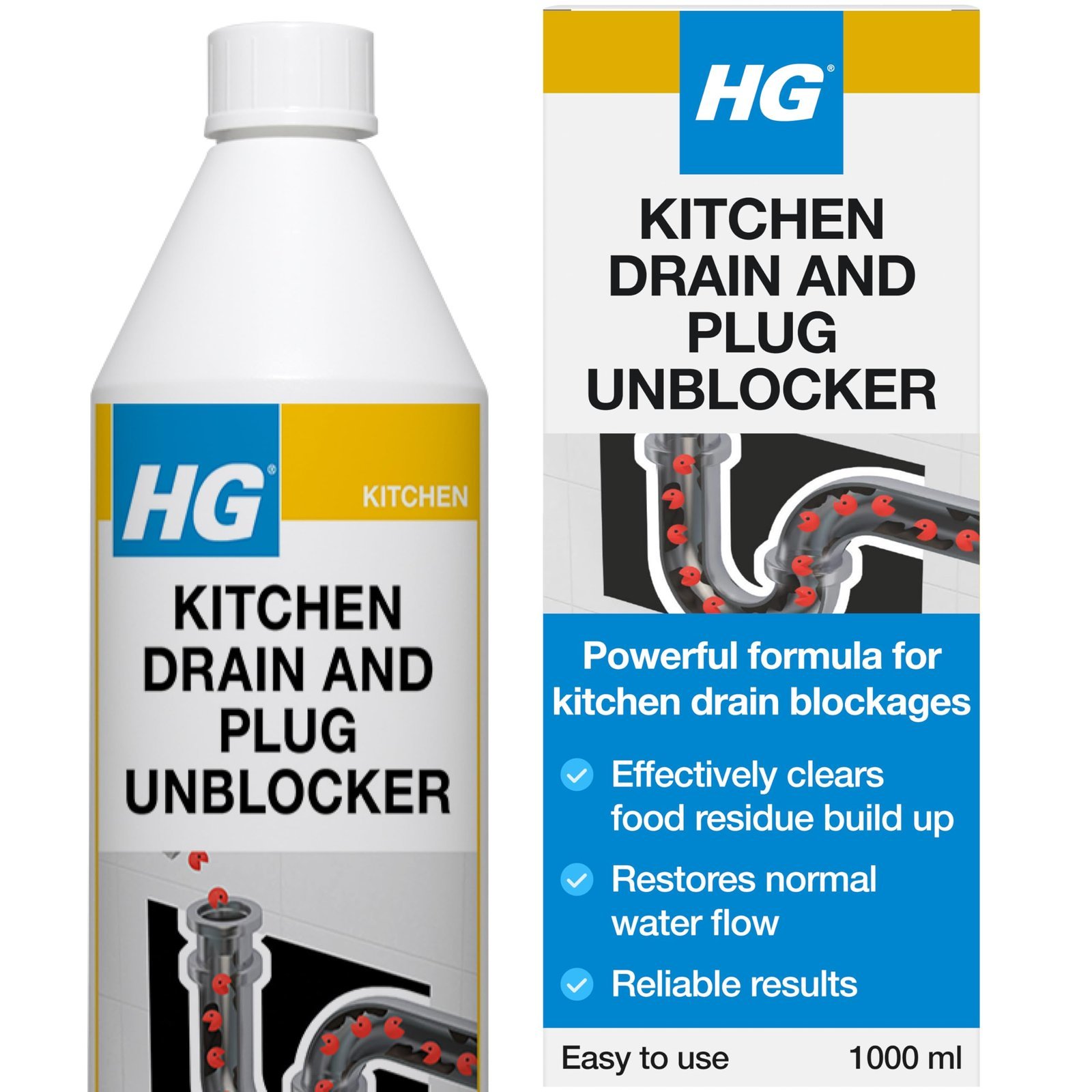 HG Kitchen Drain & Plug Unblocker, Natural, Heavy Duty, Kitchen Sink Unblocker & Cleaner for Pipes, Septic Tank Safe - 1 Litre