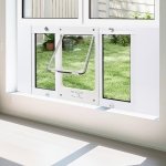 Full-Size Cat&Small Dog Door for Window, Fits 24"-28" Width Windows, Quick-Fit Cat Door Window Insert, 4 Locking Mechanisms, Magnetic Closure Cat Window Door, Aluminum Frame Pet Door for Window