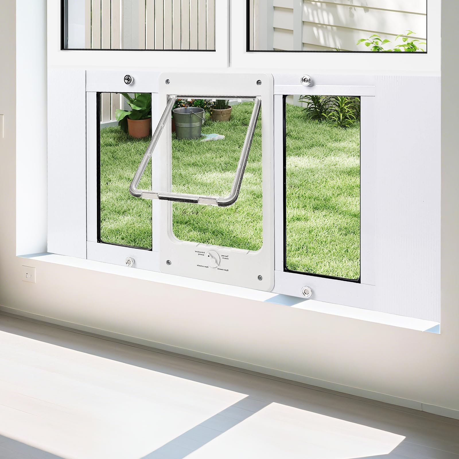 Full-Size Cat&Small Dog Door for Window, Fits 24"-28" Width Windows, Quick-Fit Cat Door Window Insert, 4 Locking Mechanisms, Magnetic Closure Cat Window Door, Aluminum Frame Pet Door for Window