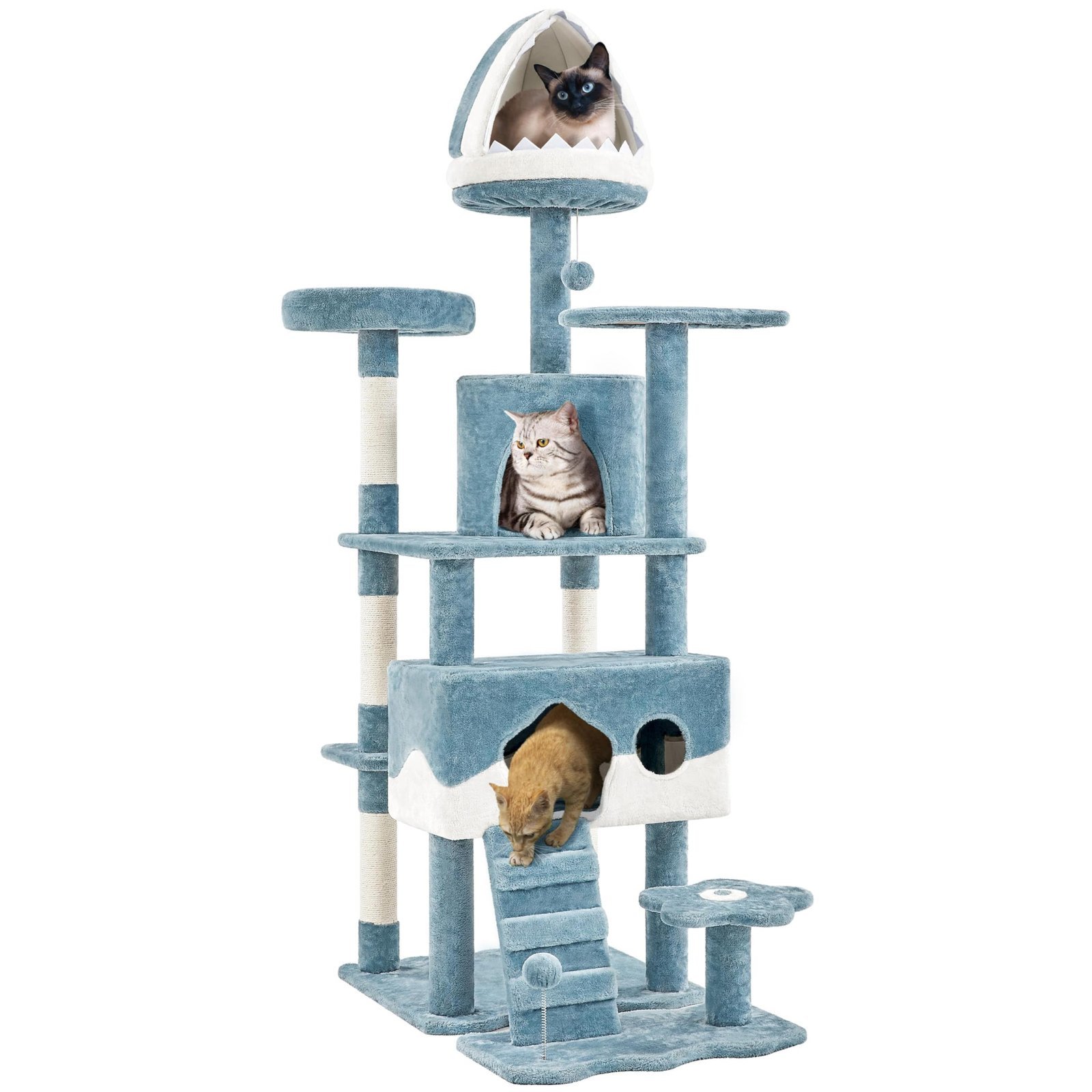 Yaheetech 184cm Tall Ocean-themed Cat Tree, Multi-Level Cat Tower W/Shark's Mouth-shaped Condo, Fish-shaped Platform, Scratching Posts, Cat Scratching Tree Play Tower for Big Cats