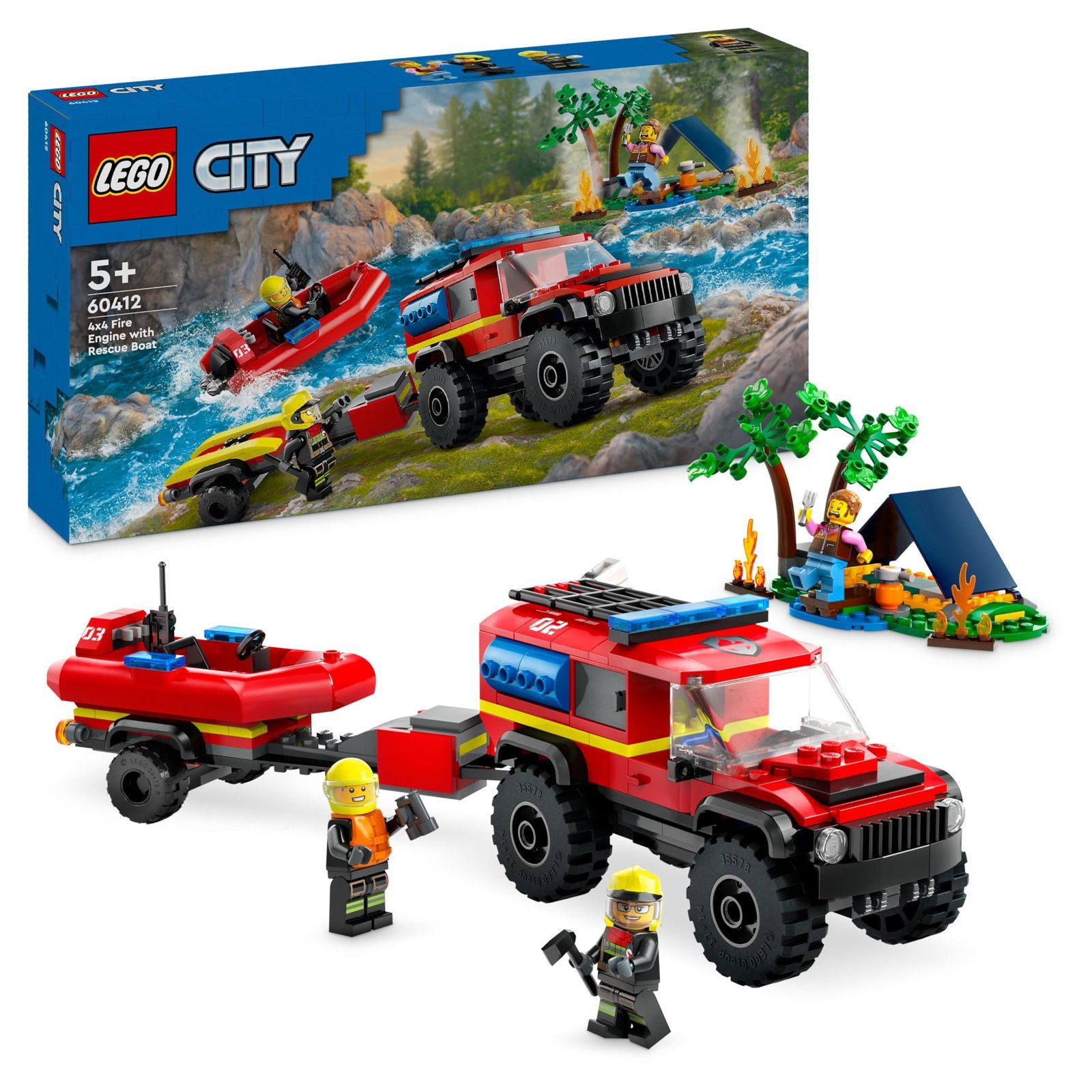 81yq3F8OCL.jpg LEGO City 4x4 Fire Engine with Rescue Boat Building Toys for 5 Plus Year Old Boys & Girls, Imaginative Play Set Includes a Dinghy, Trailer, Tent, Camper and 2 Firefighter Minifigures, Gift Idea 60412 - Image 1